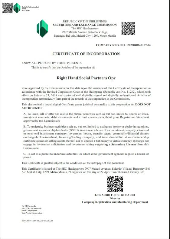 First page of the supplied SEC Certificate of Incorporation